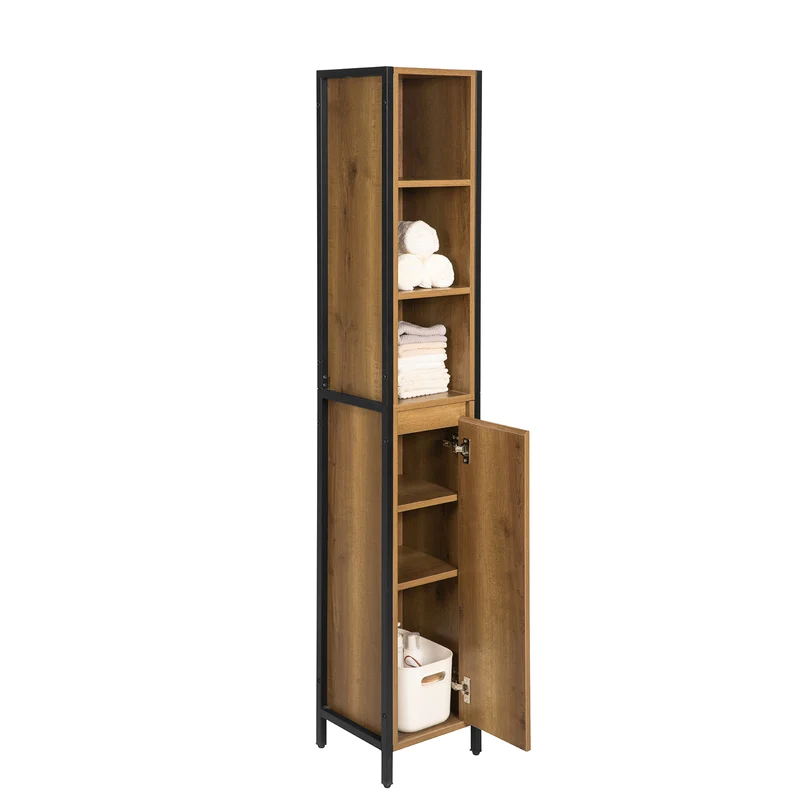 SoBuy BZR62-PF Colonne Salle de Bain avec 3 Compartiments Ouverts et 1 Porte, Gain de Place, Style Industriel, pour Salle de Bain et WC – L30×P28×H168 cm
