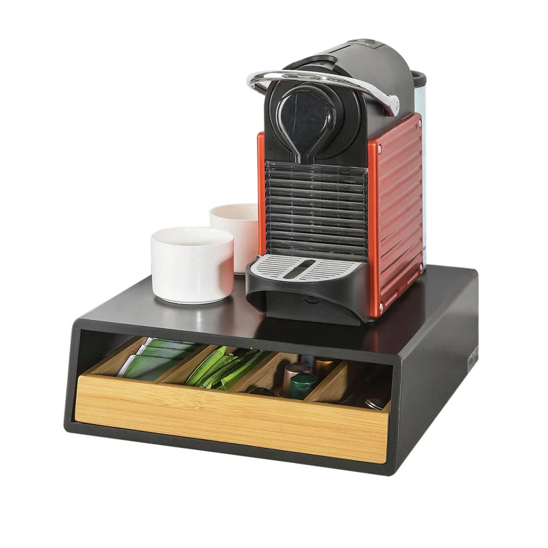 SoBuy FRG280-SCH Boîte à Thé avec Tiroir, Format Compact, Rangement Optimisé, Design Fonctionnel, Usage Quotidien, Pratique – L31×P30×H10 cm, Bambou, Noir