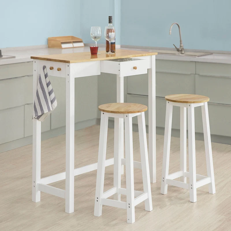 SoBuy FWT50-WN Set de 1 Table + 2 Tabourets Ensemble Table de Bar bistrot + 2 tabourets avec Repose-Pieds Table Mange-Debout Table Haute Cuisine – Blanc Naturel