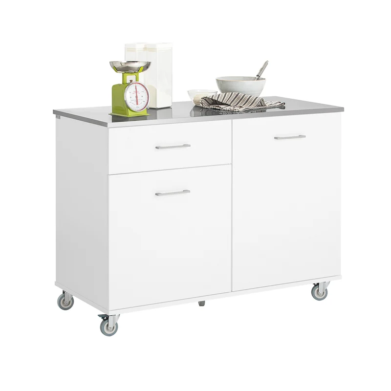 SoBuy FKW117-W Desserte Cuisine avec Roulettes et 1 Tiroir, Mobile, pour Cuisine et Salle à Manger, Rangement Optimisé – L120×P56×H90 cm, Bois + Inox, Blanc