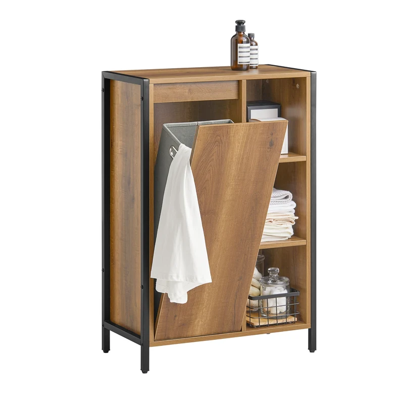 SoBuy BZR65-PF Meuble Salle de Bain avec Panier à Linge Amovible et 3 Étagères Ouvertes – L60×P30×H90 cm, Charge 40 kg, Bois-Métal Beige