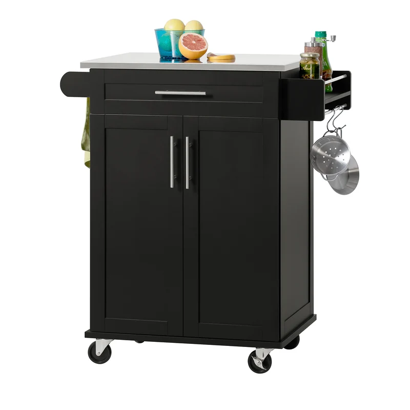 Prévente SoBuy FKW110-SCH Desserte Cuisine à Roulettes 90 cm avec Plan de Travail Inox, Tiroir et Placard – 4 Roulettes dont 2 Freinées, Noir