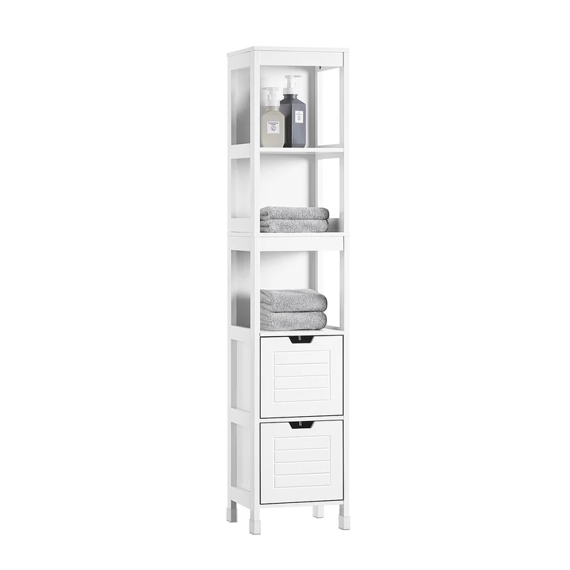 SoBuy FRG126-W Colonne de Salle de Bain – 4 Étagères, 2 Tiroirs, Anti-Basculement, 30×30×144 cm, Blanc