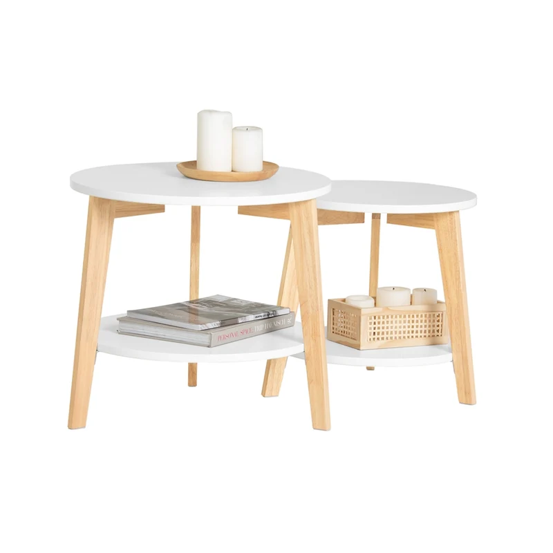 SoBuy FBT75-W Set de 2-Blanc et Bois Ronde Table d'Appoint Table Basse Ronde Guéridon