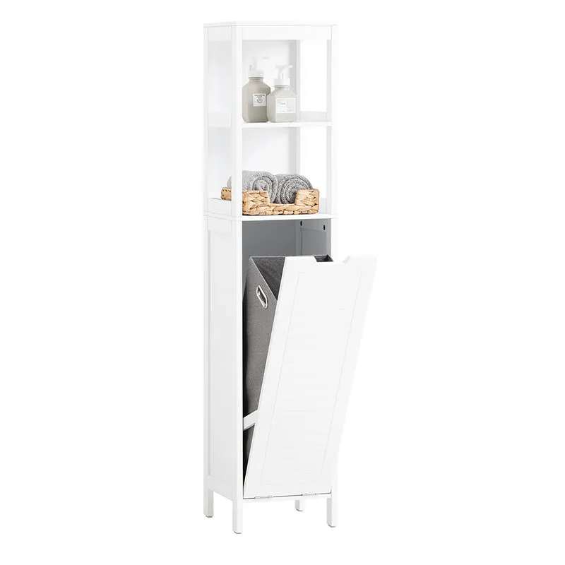 SoBuy BZR123-W Colonne Salle de Bain avec Panier à Linge Amovible et 2 Étagères Ouvertes – L30×P30×H145 cm, Charge 20 kg, MDF et Bambou, Blanc