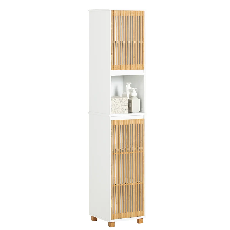 SoBuy BZR127-W Colonne Salle de Bain Rangement Fonctionnel et Compact, Gain de Place, pour Salle de Bain et WC – L33×P33×H165 cm, Bambou, Blanc et Naturel