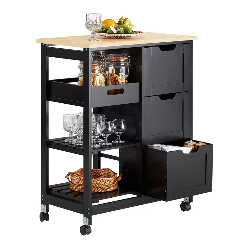 SoBuy FKW79-SCH Desserte de Cuisine sur Roulettes – 3 Tiroirs, 1 Tablette Amovible, 2 Étagères, Noir, 68×38×85 cm