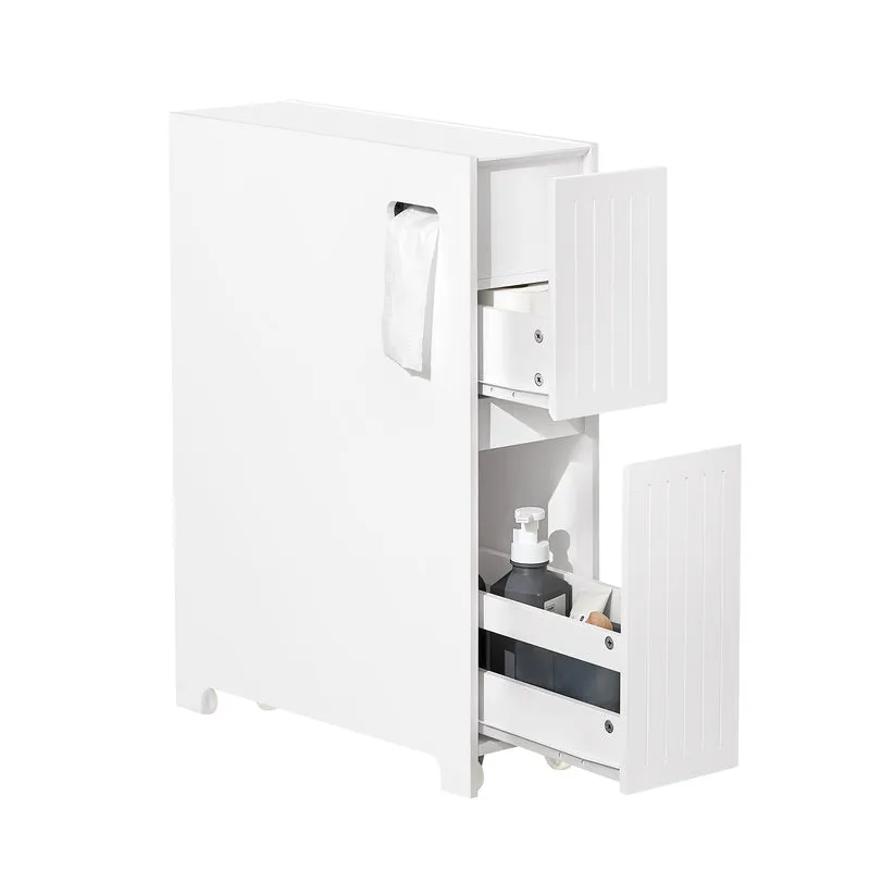 SoBuy BZR111-W Meuble WC Étroit 20 cm sur Roulettes – Rangement Papier Toilette, 2 Tiroirs, Blanc