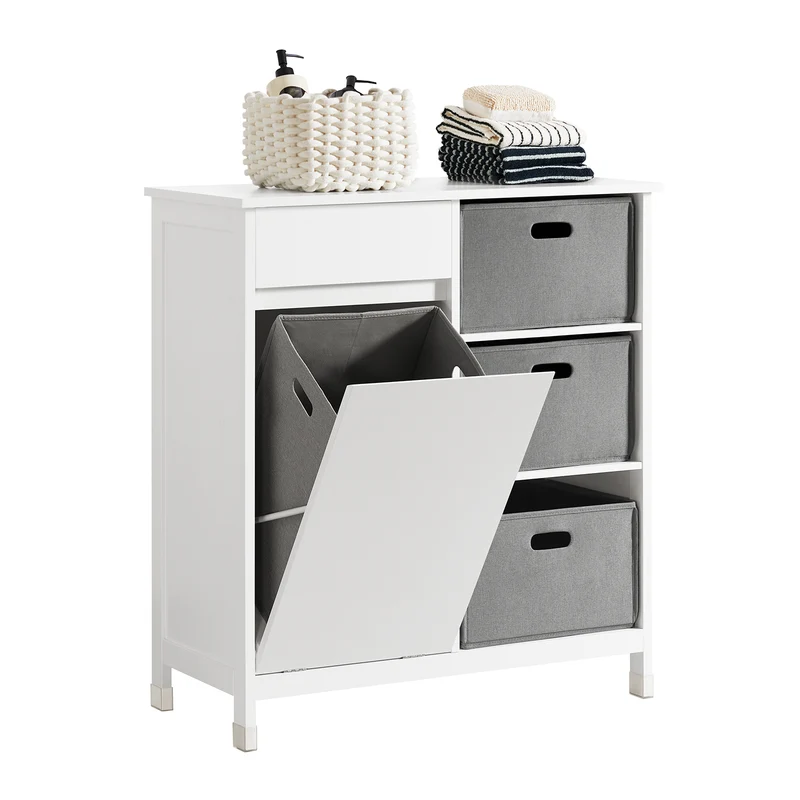 SoBuy BZR77-W Meuble de Salle de Bain avec Paniers à Linge, Armoire à Linge avec 3 Paniers et Tiroir, Armoire de Salle de Bain en Bois, Corbeille à Linge, Blanc, 80x91x38cm