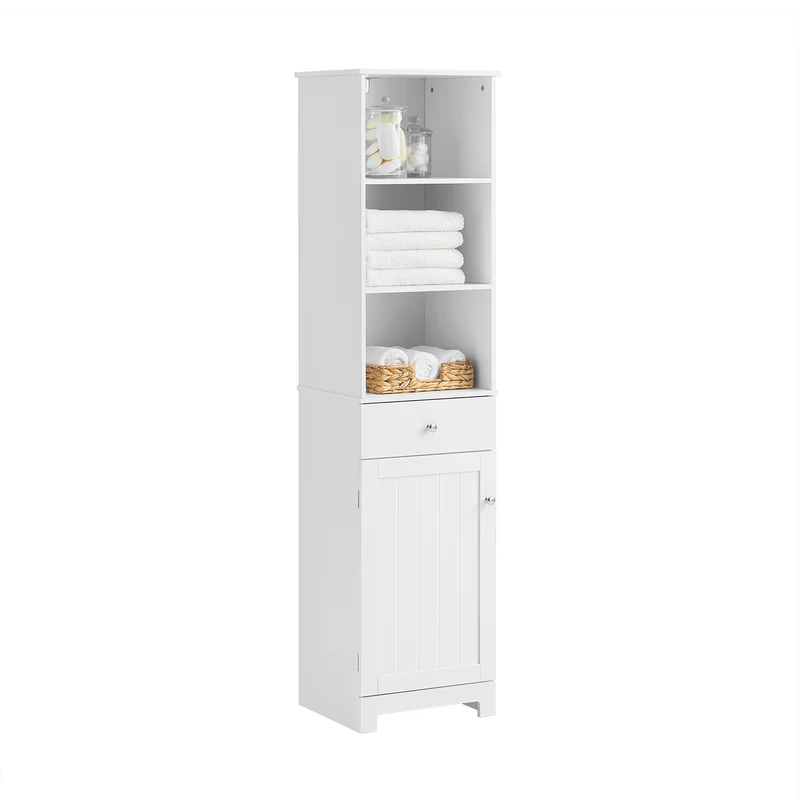 SoBuy BZR17-W Colonne Salle de Bain Meuble Salle de Bain Rangement avec Armoire et 3 Étagères Ouvertes, Petit Meuble Compact avec 1 Tiroir pour WC, Chambre 40x161x35 cm