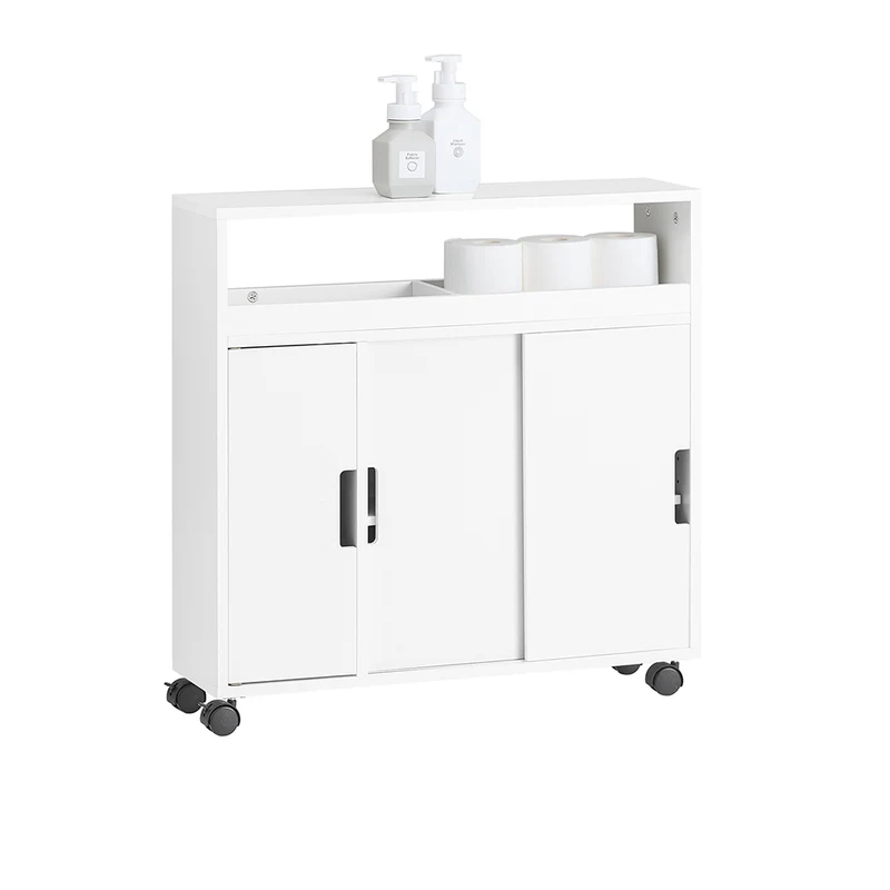 SoBuy BZR02-W Meuble Salle de Bain à Roulettes avec 2 Portes Coulissantes – L70×P20×H71 cm, Charge 30 kg, MDF E1, Blanc