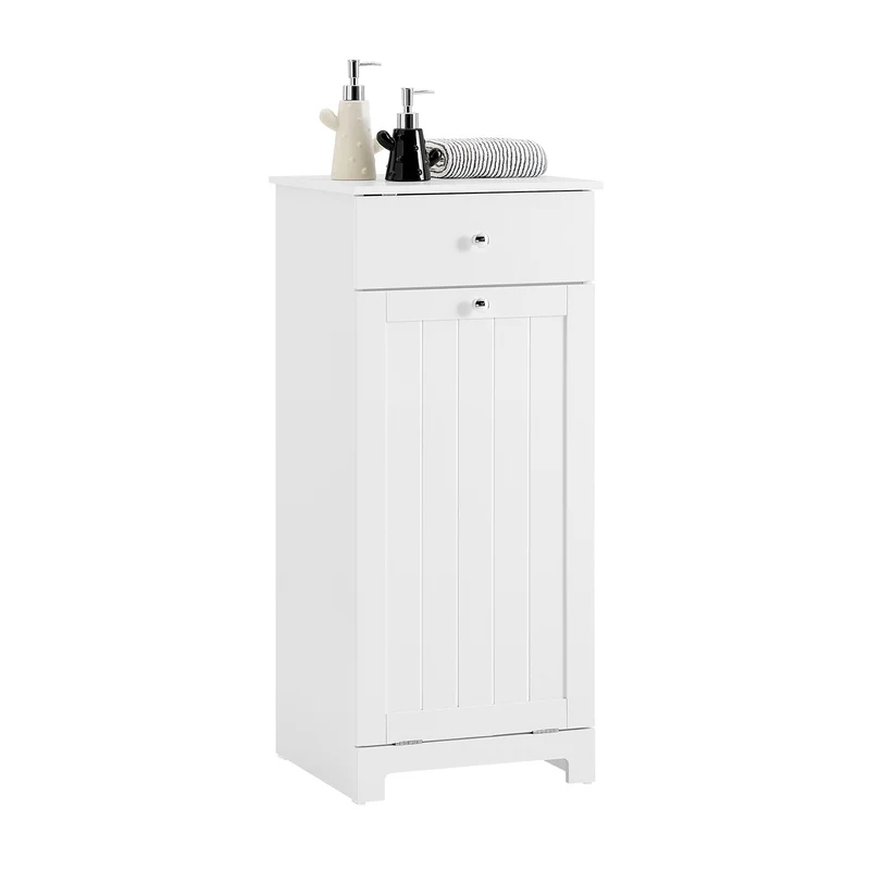 SoBuy BZR21-II-W Meuble Bas Salle de Bain Blanc 90 cm avec Panier à Linge Basculant 2 Compartiments, Tiroir et Étagère – Fermeture Silencieuse, MDF E1
