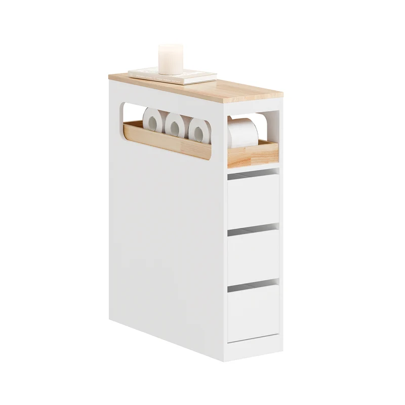 SoBuy BZR54-II-W Meuble Salle de Bain à Roulettes – 3 Tiroirs et Niche – Slim 23 cm – Blanc et Hévéa