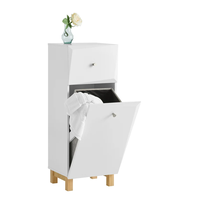 SoBuy BZR93-W Meuble Salle de Bain avec Panier à Linge, 1 Tiroir et 1 Panier Amovible, pour Salle de Bain et WC, Rangement Optimisé – L34×P30×H90 cm, Blanc