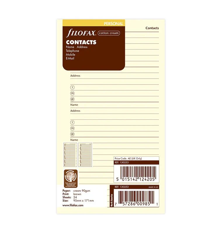 Recharge FILOFAX - Personal - Feuilles de contacts (cotton cream)