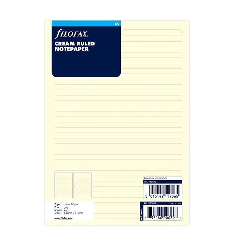 Recharge FILOFAX - A5 - Feuilles de notes lignées (cotton cream)
