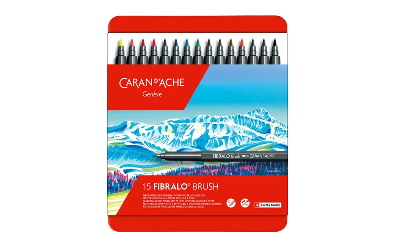 Feutres pinceaux aquarellables FIBRALO BRUSH - Boîte métal 15 couleurs - CARAN D'ACHE