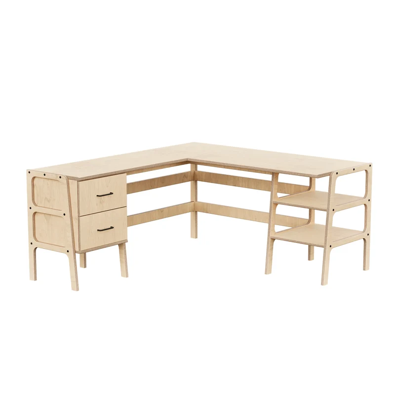 Mid-Century L-Shape Desk · 2 Drawers & 2 Shelves · 49/65
