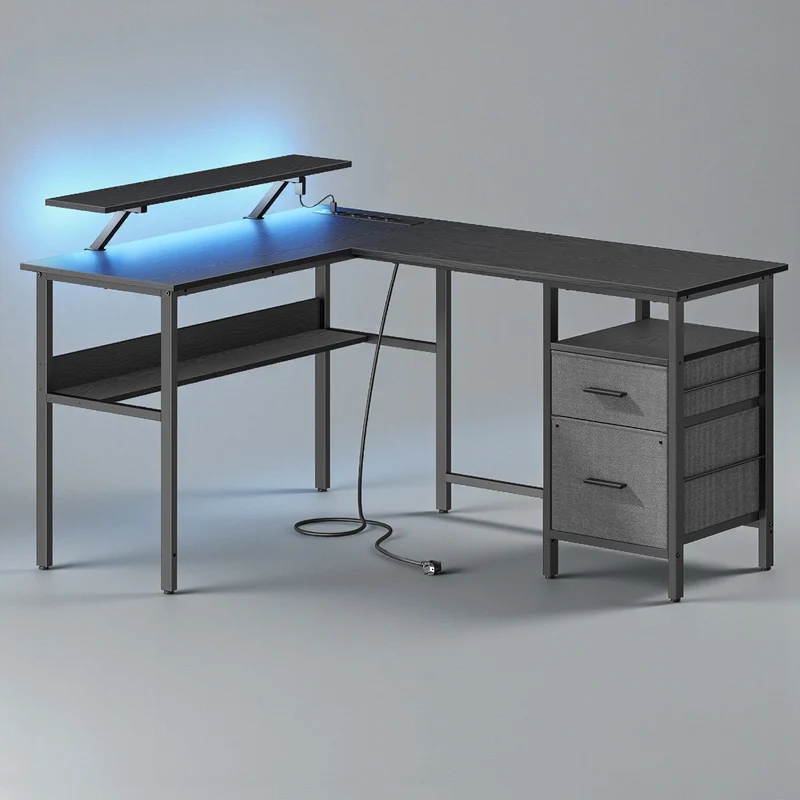 Bureau Gaming LED en Forme de L avec Prises Intégrées et Support Moniteur Ergonomique