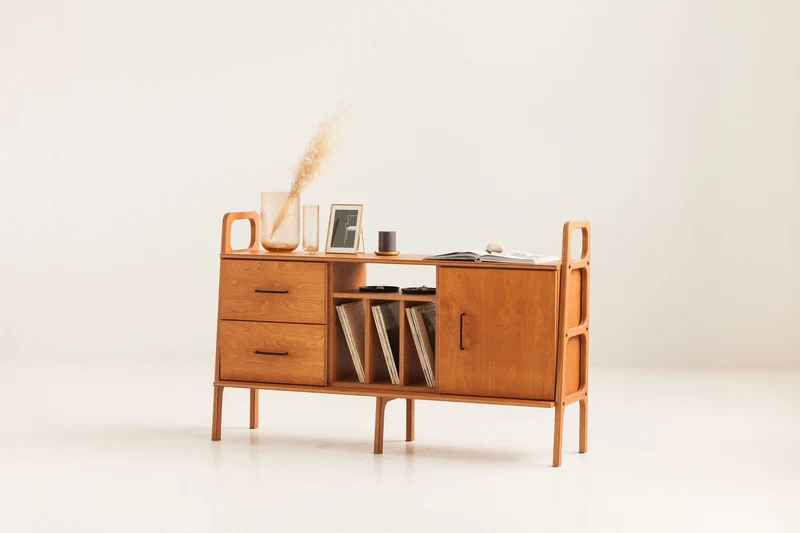 Mid-Century Credenza · Vinyl, Drawer & Cabinet · 143 cm